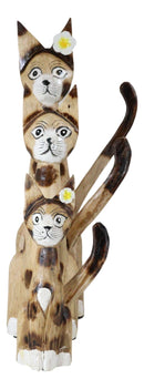 Balinese Wood Handicrafts Large Floral Feline Cat Family Set of 3 Figurines