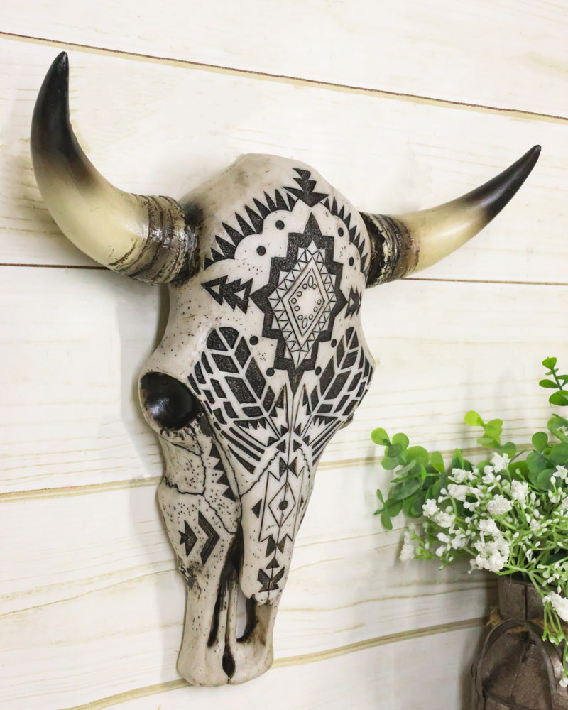 Western Tribal Aztec Vector Tattoo Patterns Horned Cow Skull Wall Decor Plaque