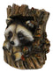 Rustic Western Lifelike Gray Raccoon Hiding In Tree Trunk Decorative Figurine