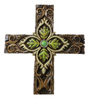 Rustic Faux Wooden Fleur De Lis Scrollwork With Green Leaf Foliage Wall Cross