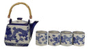 Heavenly Blue Oriental Ryu Dragon King Hexagonal Teapot With 4 Tea Cups Set