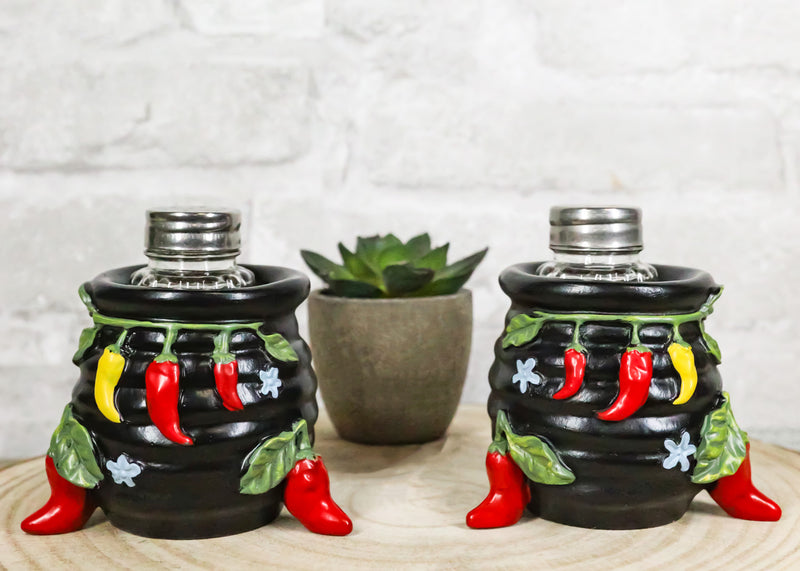 Southwestern Pot Of Chili Peppers Canister Jars Salt Pepper Shakers Holder Set