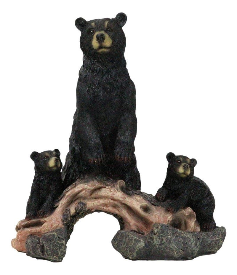 Rustic Forest Standing Black Bear and 2 Cubs On Faux Wooden Log Bridge Figurine