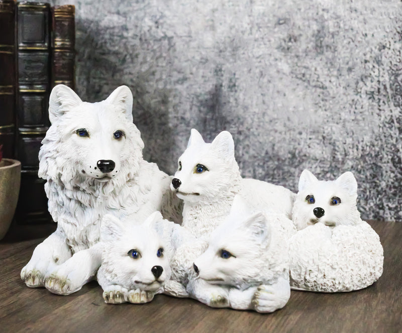 Winter Snow White Albino Wolf Mother at Repose with 4 Cubs Family Figurine