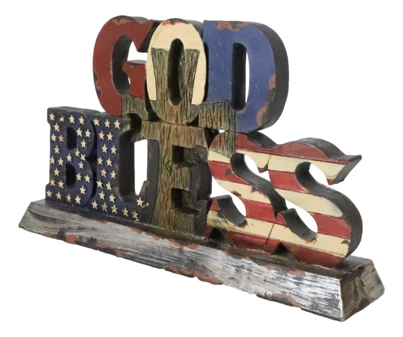 Rustic Western Patriotic United States Flag With Cross God Bless Desktop Plaque
