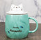 Whimsical Green Chubby Feline Kitty Cat Cup Mug With Lid And Stirring Spoon