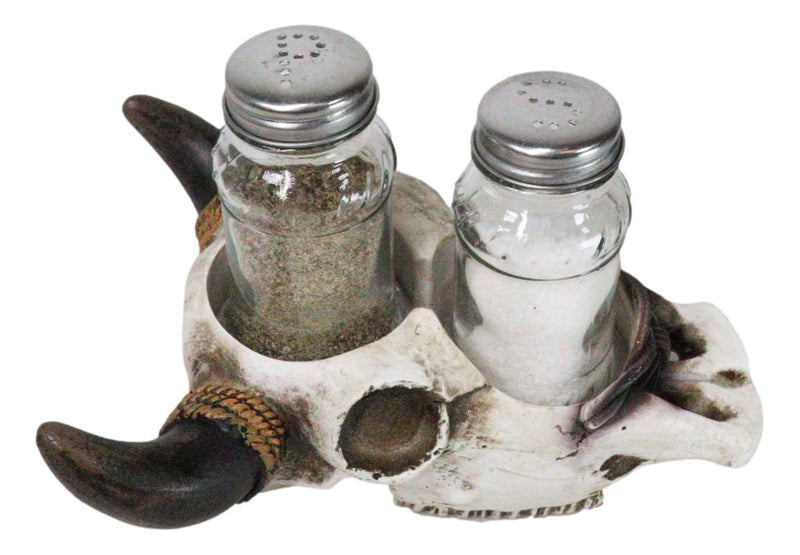 Rustic Western Cow Skull With Roped Horns Salt Pepper Glass Shakers & Holder Set