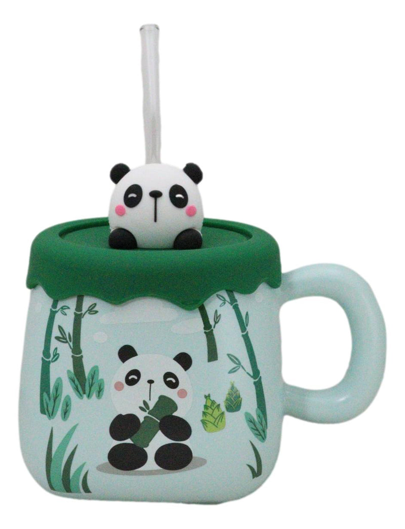 Cute Panda Bear By Bamboo Forest Green Ceramic Mug With Silicone Lid And Straw