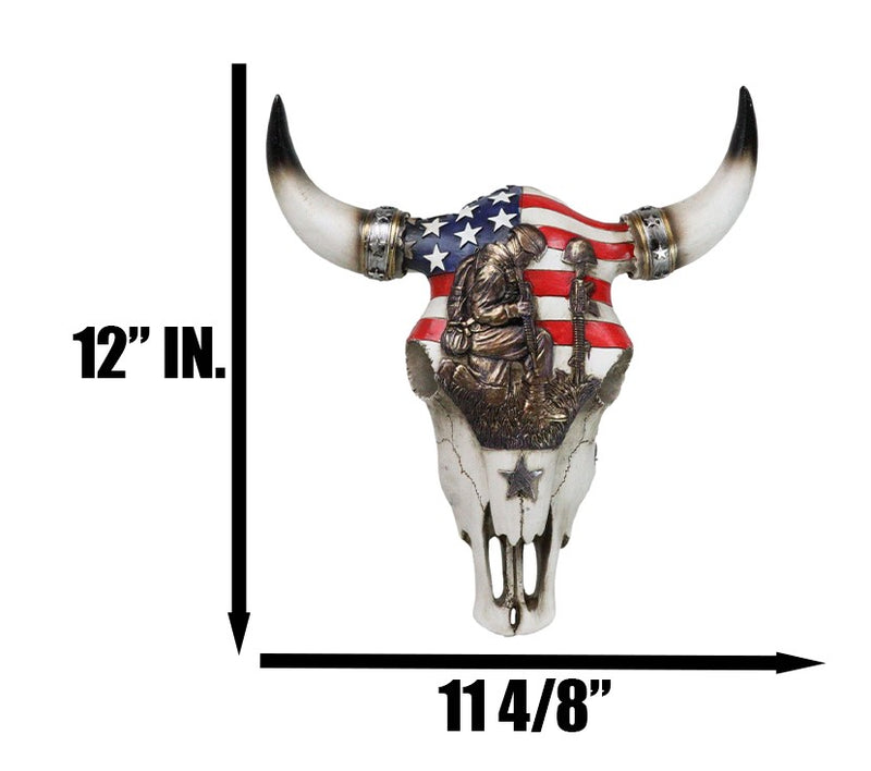 Western Patriotic USA Flag Helmet Rifle Soldier Memorial Cow Skull Wall Decor