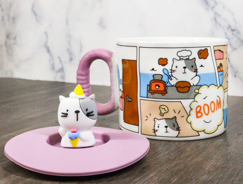 Whimsical Kitty Cat With Kung Fu Diary Cartoon Ceramic Mug With Silicone Lid