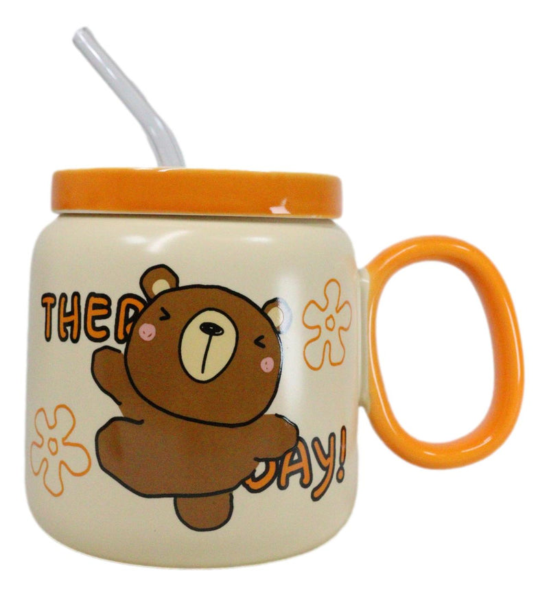 Whimsical Brown Bear Anime 16oz Orange Ceramic Mug Cup With Lid And Glass Straw