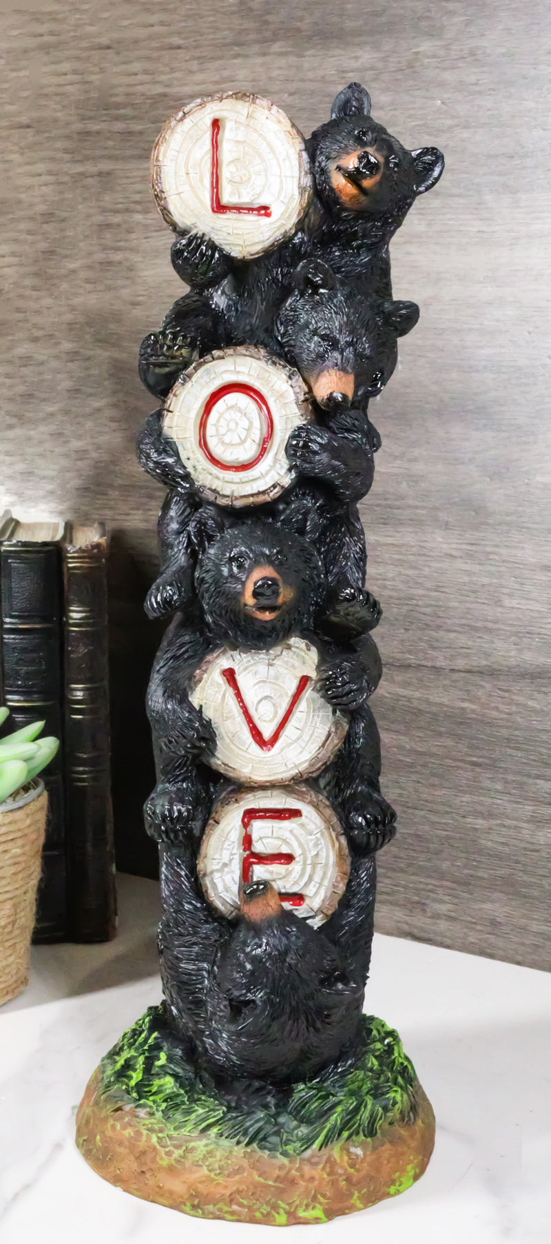 Rustic Forest Stacked Black Bear Cubs Holding Love Wood Slices Sign Figurine