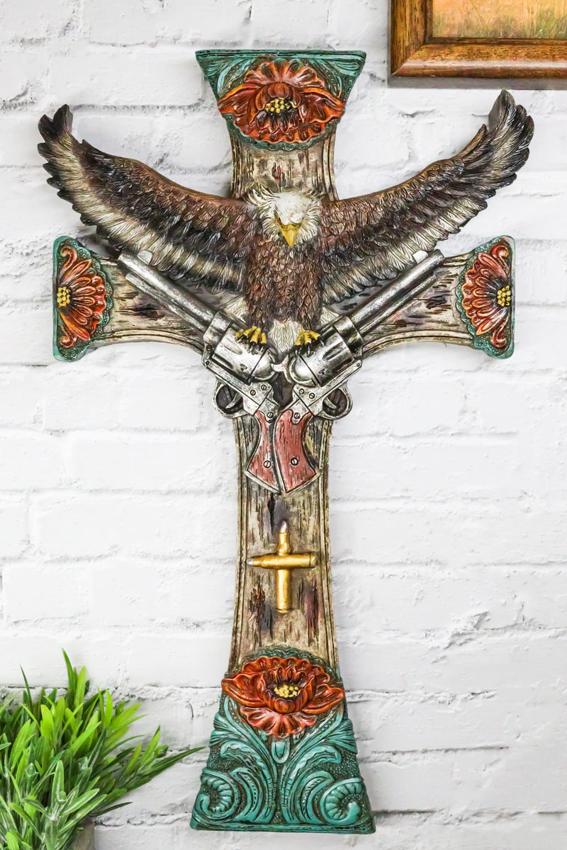 Rustic Western Turquoise Flowers Eagle Dual Pistols Cowboy Faux Wood Wall Cross