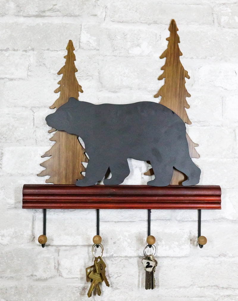 Rustic Western Black Bear Roaming Pine Forest 4 Pegs Wooden Wall Hooks Plaque