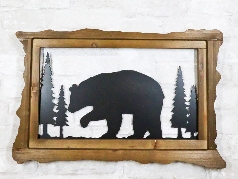 20"L Rustic Scenic Forest Black Bear Silhouette Metal And Wood Framed Wall Decor