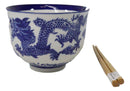 Blue White Oriental Dragon King Ceramic Donburi Ramen Bowl With Chopsticks Set