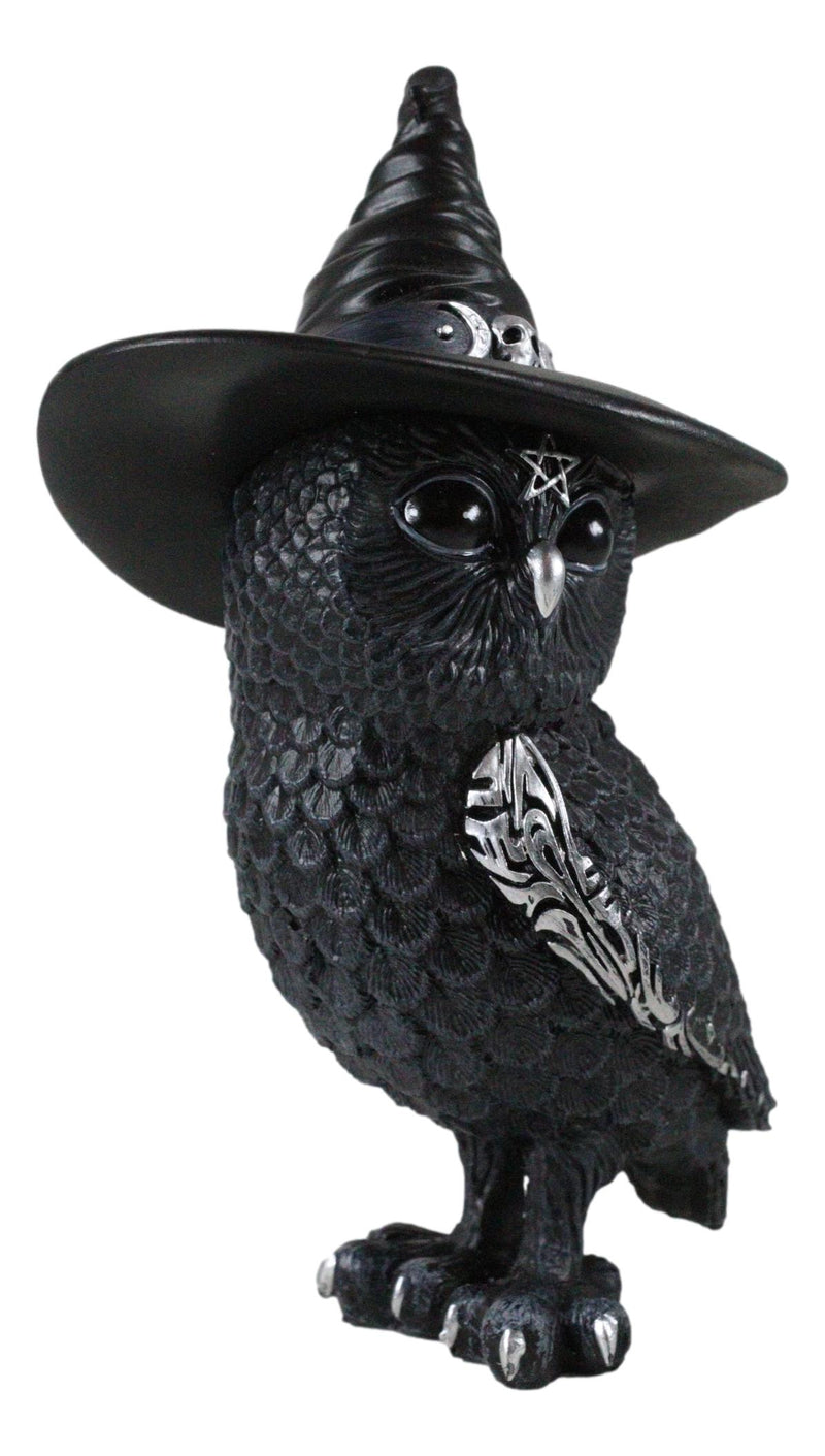 Wiccan Gothic Pentagram Black Owl With Triple Moon Skull Witch Hat Figurine