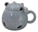 Whimsical Grey Chubby Feline Kitty Cat Cup Mug With Lid And Stirring Spoon