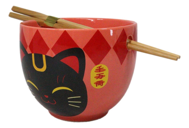 Red Maneki Neko Lucky Cats Ceramic Donburi Ramen Soup Bowl With Chopsticks Set