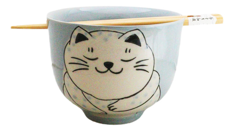 Blue Chubby Kitty Cat Sleeping Ceramic Donburi Ramen Bowl With Chopsticks Set