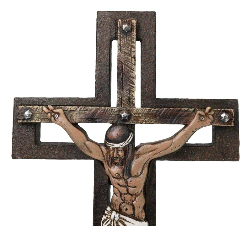 Jesus Christ Crucified Faux Wooden Rustic Bronze Layered Christian Wall Cross