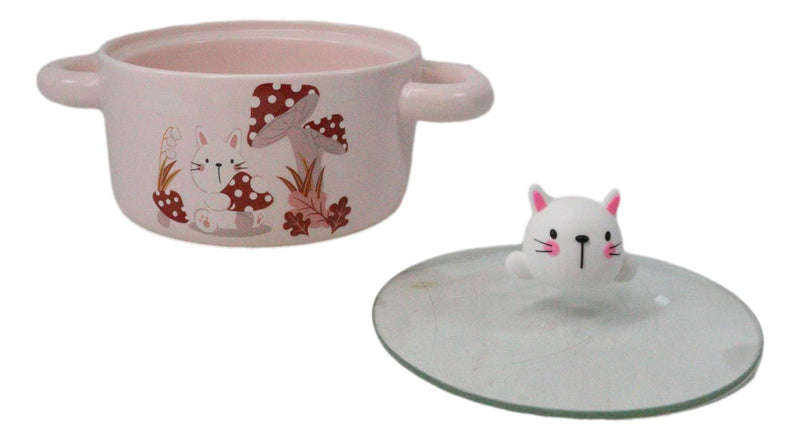 Ceramic Pink Rabbit In Mushroom Forest 30oz Noodle Dessert Bowl W/ Glass Lid