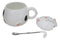 Whimsical White Chubby Feline Kitty Cat Cup Mug With Lid And Stirring Spoon