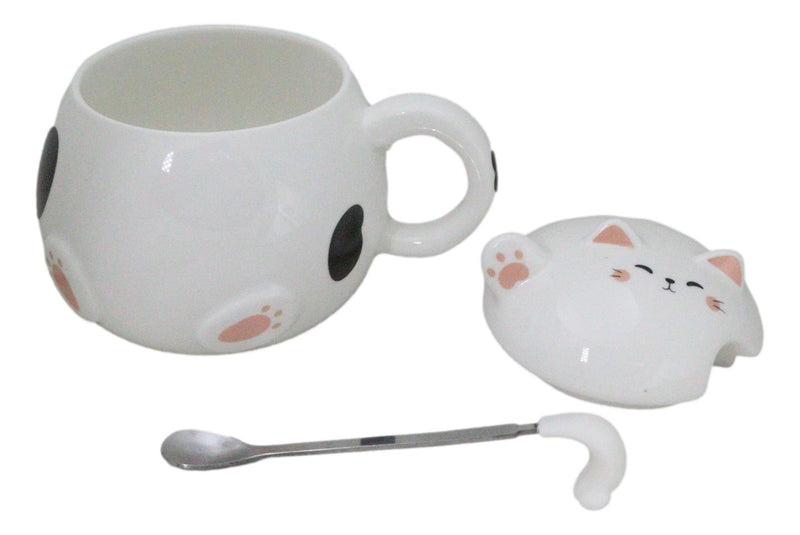 Whimsical White Chubby Feline Kitty Cat Cup Mug With Lid And Stirring Spoon