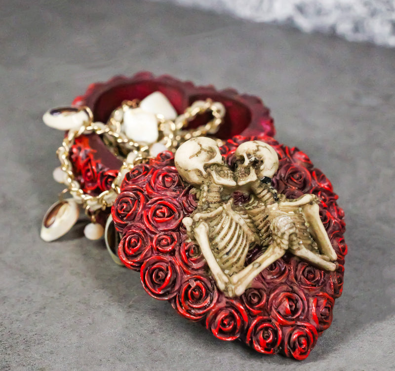 Love Never Dies Gothic Skeleton Lovers on Red Rose Wreath Decorative Trinket Box