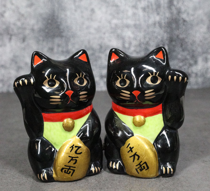 Black Lucky Fortune Japanese Maneki Neko Cats Ceramic Salt Pepper Shakers Set