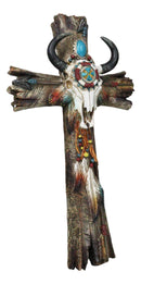 Southwestern Tribal Cow Skull With Arrows Turquoise Gems And Feathers Wall Cross