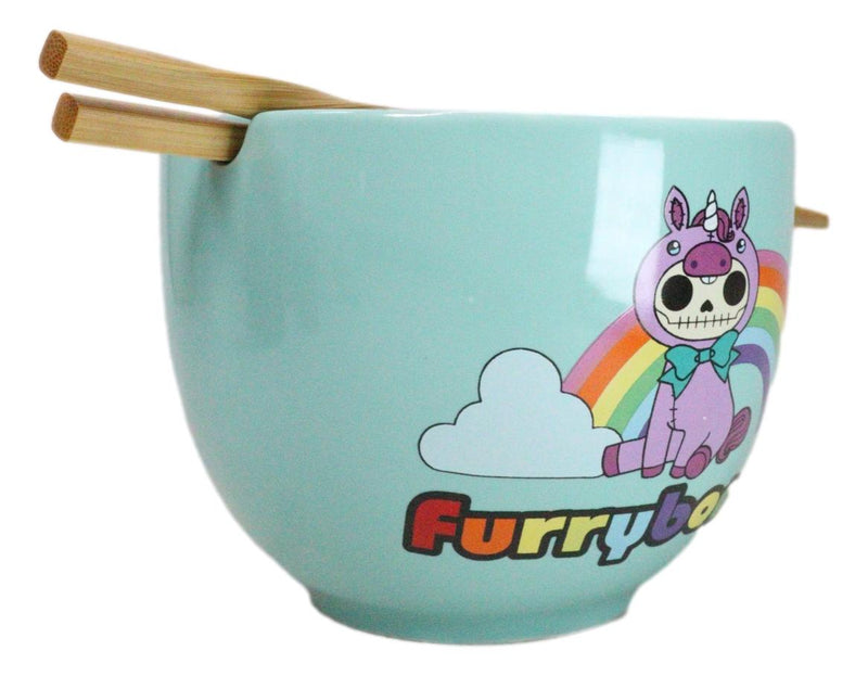 Furrybones Teal Blue Uni Rainbow Unicorn Porcelain Bowl With Chopsticks Set