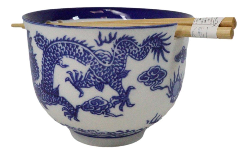 Blue White Oriental Dragon King Ceramic Donburi Ramen Bowl With Chopsticks Set