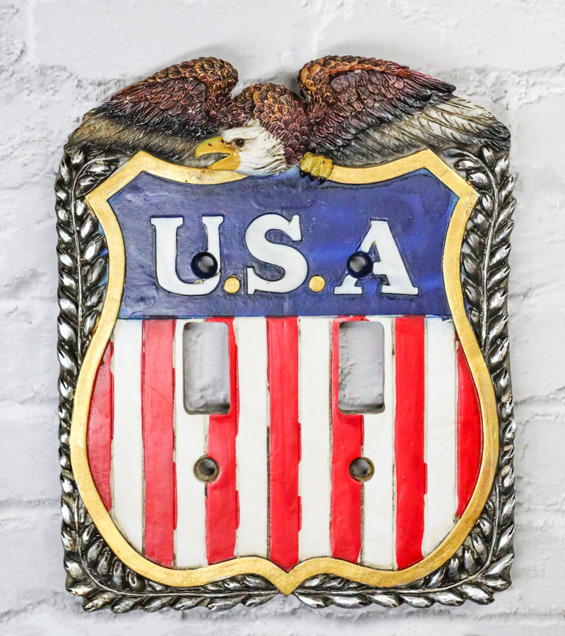 Patriotic Bald Eagle On USA Flag Crest Wall Double Toggle Switch Plates Set