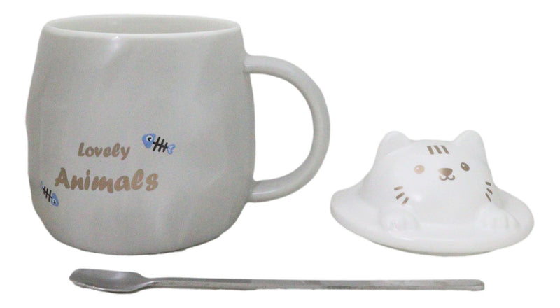 Whimsical Grey Chubby Feline Kitty Cat Cup Mug With Lid And Stirring Spoon