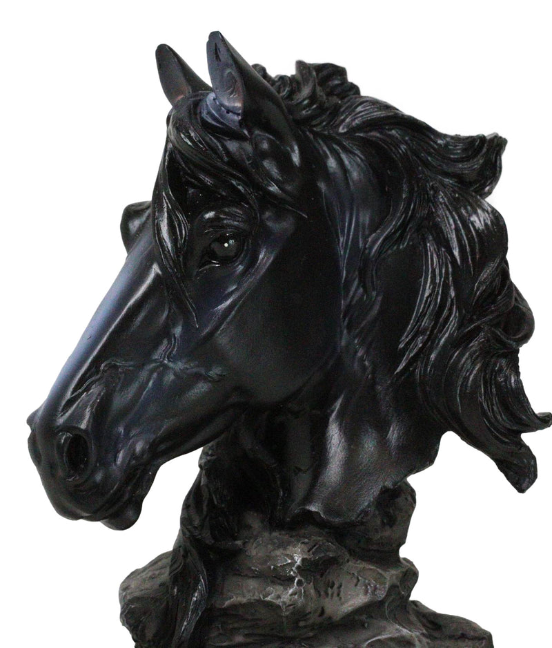 Wild and Free Black Stallion Equine Horse Bust On Rocky Pillar Base Figurine