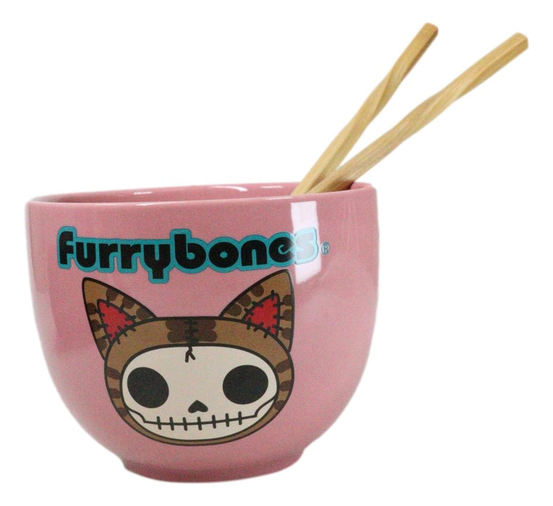 Furrybones Maneki Neko Cat Skeleton Pink Porcelain Bowl With Chopsticks Set