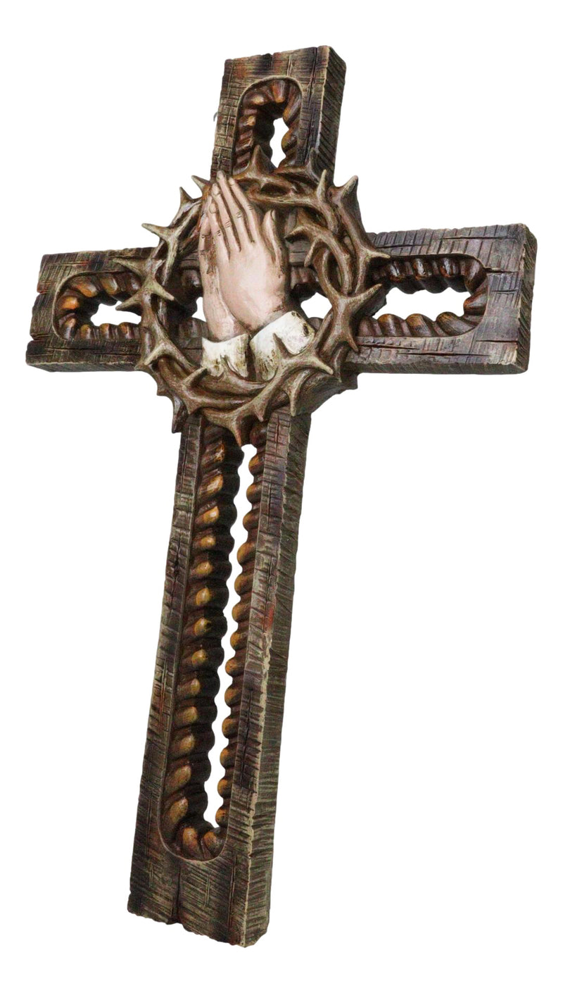 Praying Hands With Crown of Thorns Faux Wooden Rustic Cutout Wall Cross