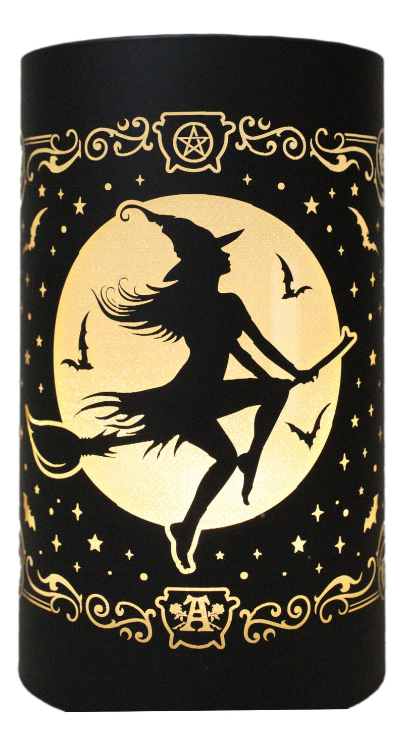 Wicca Witch by Moonlight On Broomstick with Bats LED Etched Glass Lantern Light