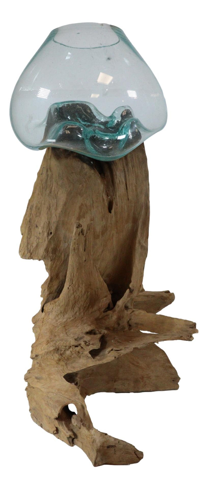 Bali Handicraft Natural Gamal Driftwood With Large Molten Glass Bowl Vase 29"H