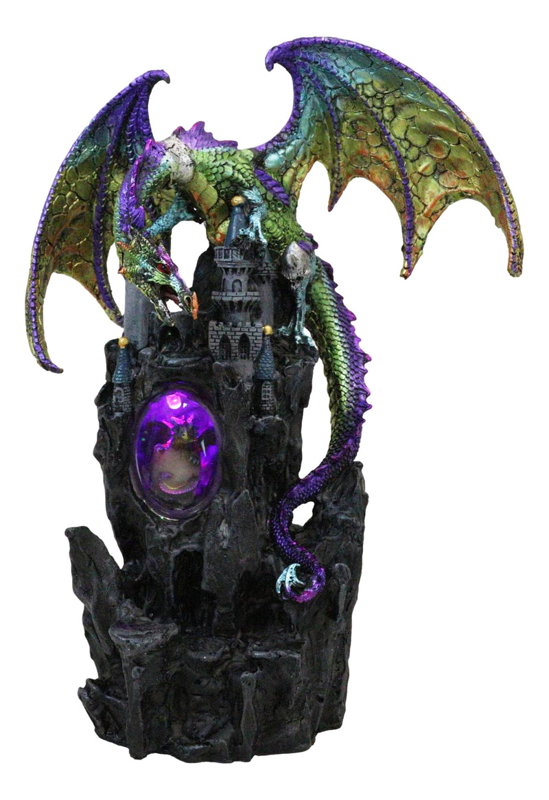 Large Rainbow Dragon On Castle Statue With Wyrmling In Egg LED Light Glass Ball