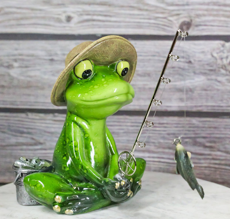 Catch of The Day Green Frog Rod Fishing And Wearing Fisherman Hat Figurine