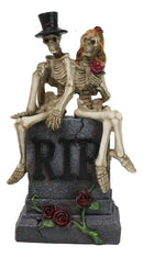 Gothic Skeleton Bridal Couple Sitting On Grave Tombstone With Red Roses Figurine