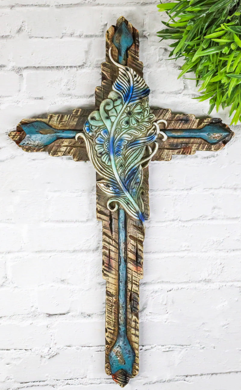 Southwestern Tribal Indian Feather And Turquoise Arrows Faux Wooden Wall Cross