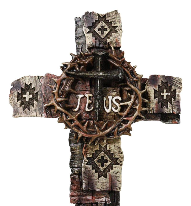 Navajo Symbols Crown of Thorns Spike Nails Jesus Sign Faux Wooden Wall Cross