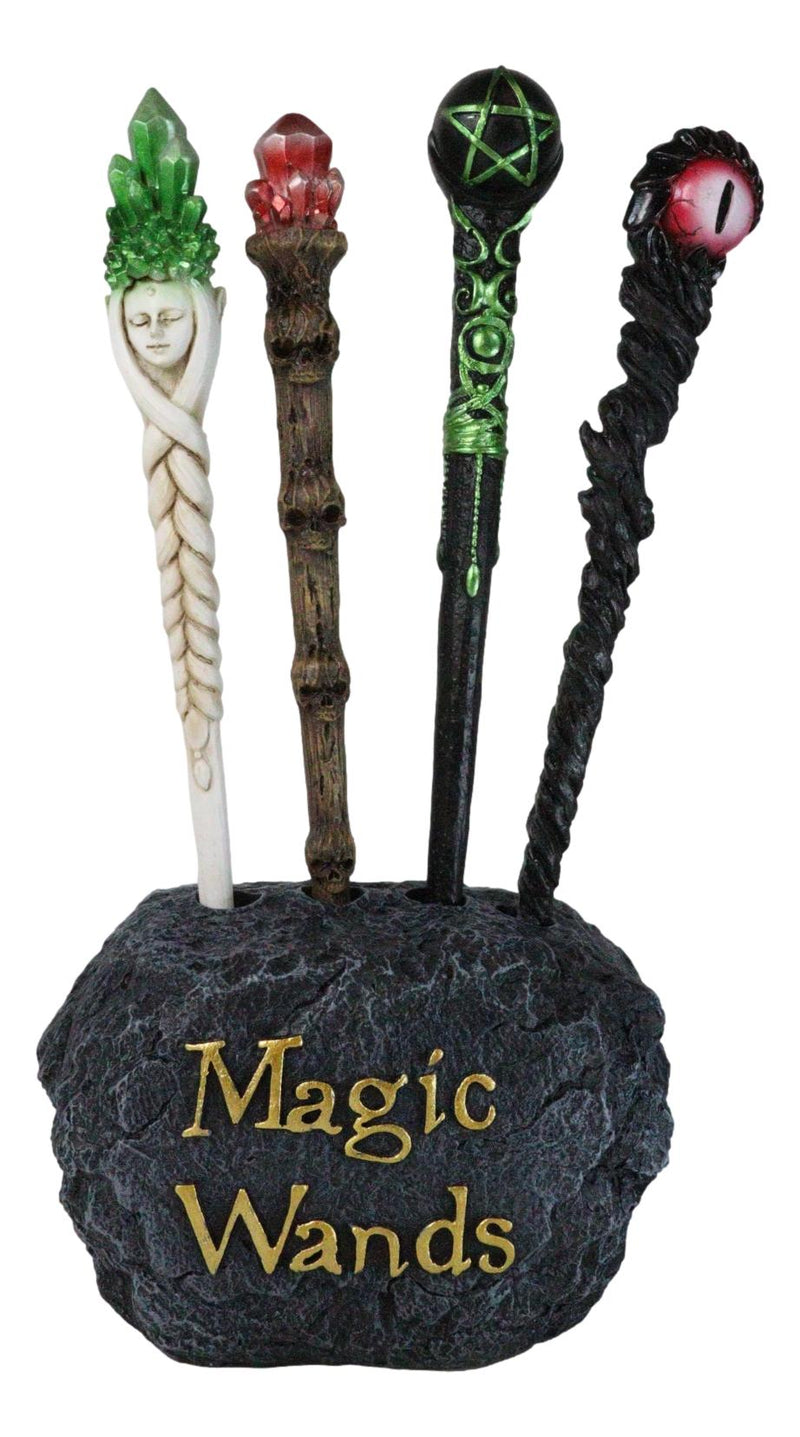 4 Assorted Wizards Witches Dragons Magic Wands With Faux Rock Holder Stand Set