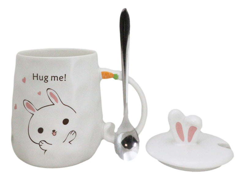 White Bunny Rabbit Hug Me Ceramic Mug With Bunny Ears Lid And Stirring Spoon