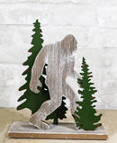 Myth Legend Sasquatch Big Foot by Pine Trees Wooden Silhouette Cutout Sculpture