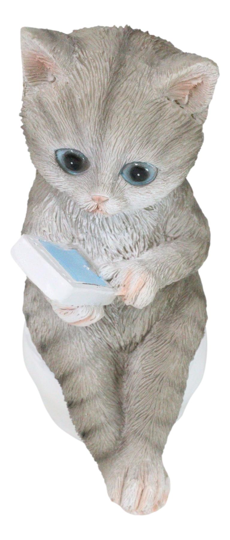 Shorthair Grey Cat Kitten Bookworm with Book Sitting On Toilet Potty Figurine