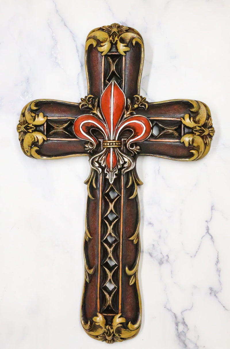 Royal Florentian Rococo Fleur De Lis Classic Faux Wooden Rustic Wall Cross